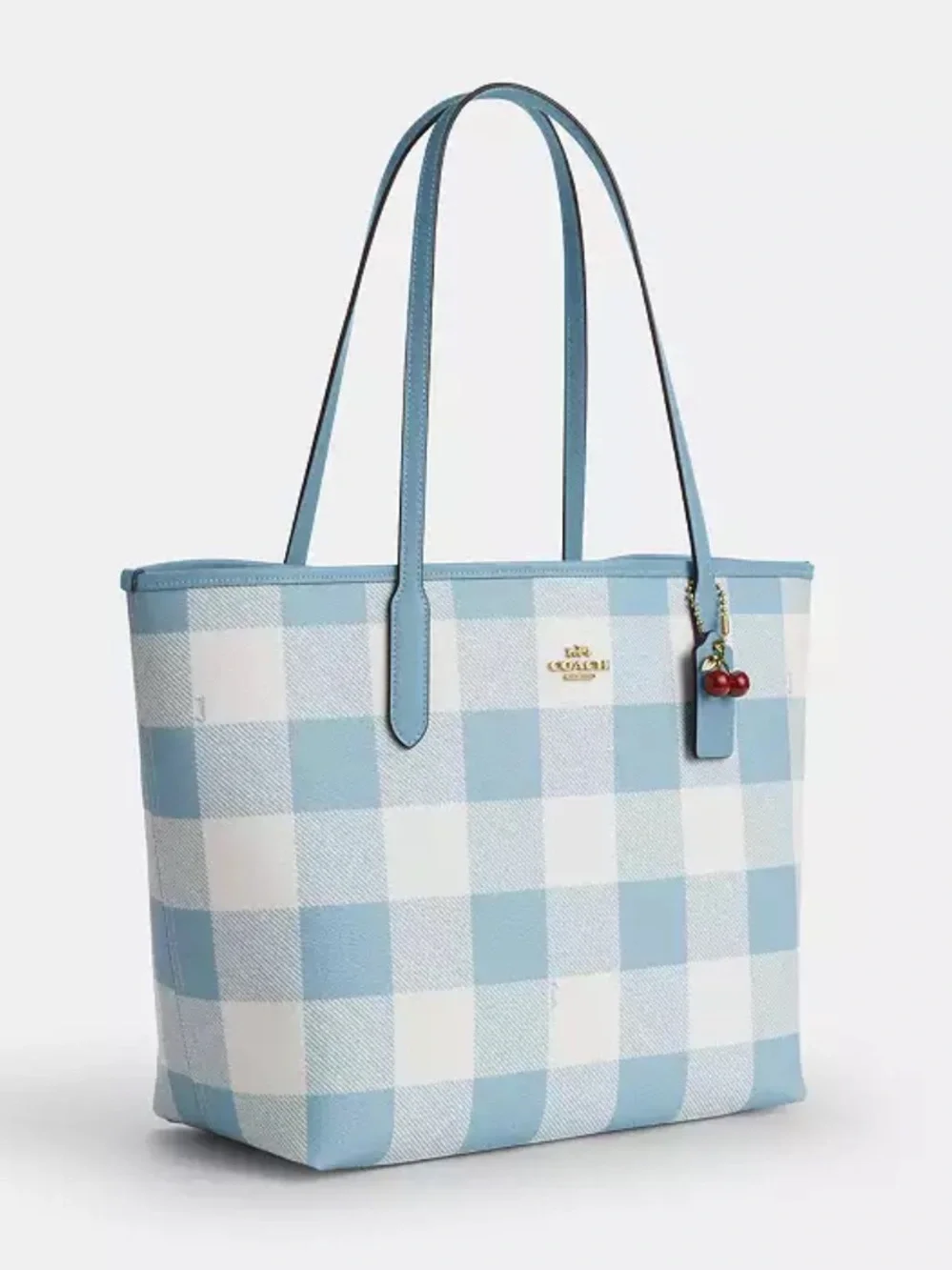 Coach Medium City Tote Bag: Blue & White Gingham Print With Cherry Bag Charm